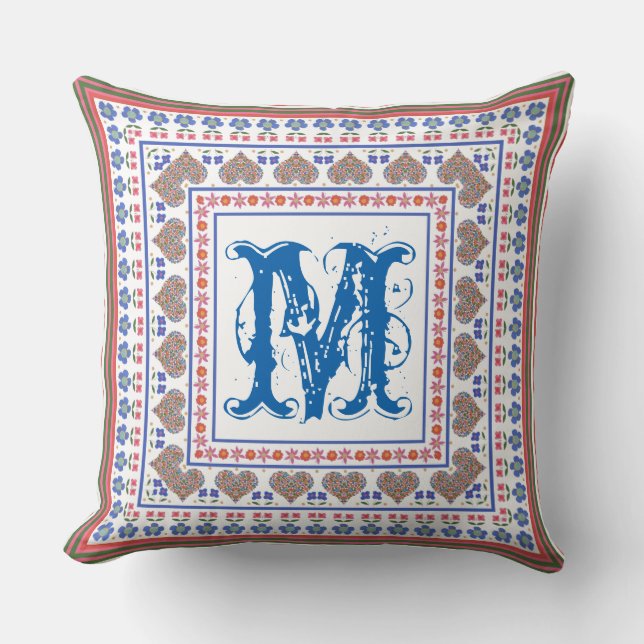 Folk Art Style Border Monogram Pillow or Cushion (Front)