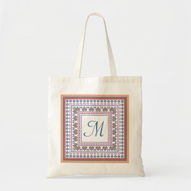 Folk Art Style Border Monogram Tote Bag (Front)