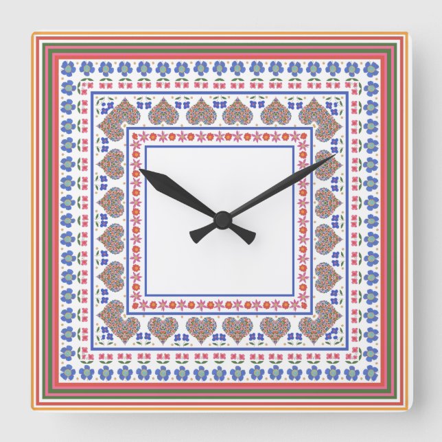 Folk Art Style Border Square Wall Clock (Front)