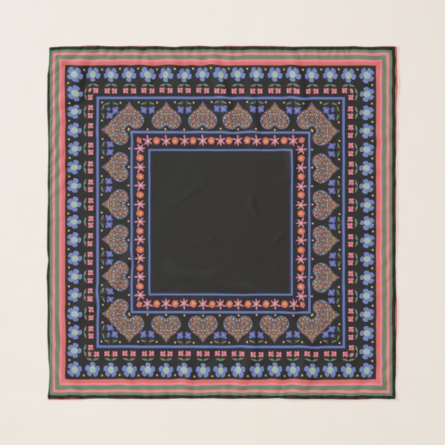Folk Art Style Border with Hearts Square Scarf (Front)