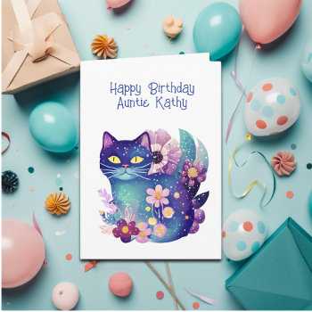 Folk Art Style Cat And Flowers Aunt's Birthday Card by Magical_Maddness at Zazzle