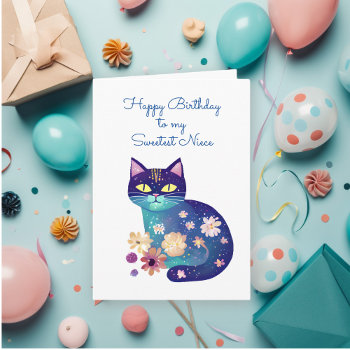 Folk Art Style Cat And Flowers Niece's Birthday Card by Magical_Maddness at Zazzle