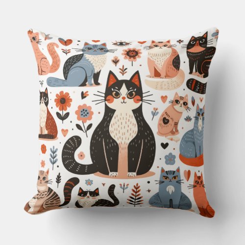 Folk art style cats throw pillow