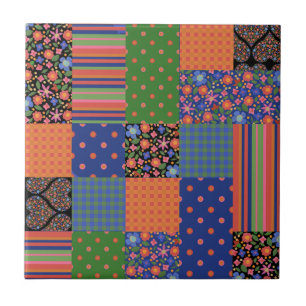 Folk Art Style Faux Patchwork Ceramic Tile