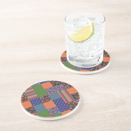 Folk Art Style Faux Patchwork Sandstone Coaster