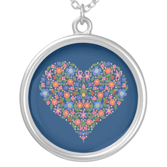 Folk Art Style Floral Heart Blue Round Necklace (Front)