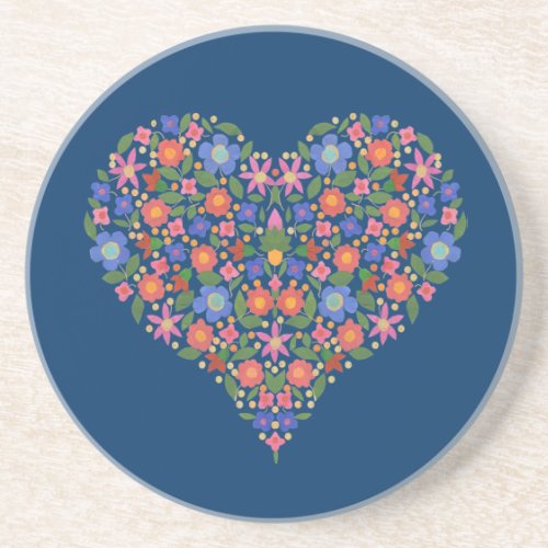 Folk Art Style Floral Heart Blue Sandstone Coaster