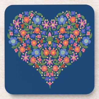 Folk Art Style Floral Heart, Blue Set of Coasters
