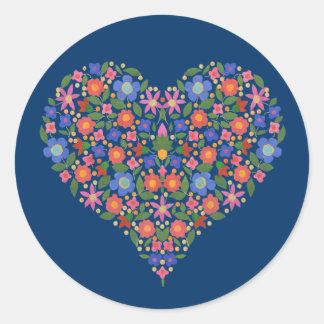 Folk Art Style Floral Heart, Blue Sticker Sheet