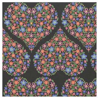 Folk Art Style Floral Heart on Black Custom Fabric