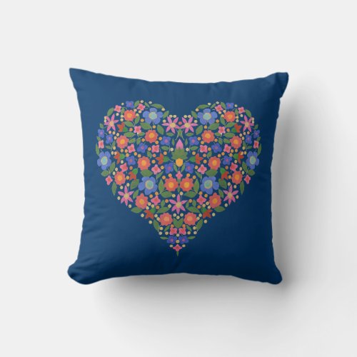 Folk Art Style Floral Heart on Moody Blue Pillow