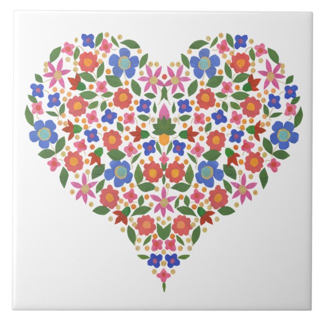 Folk Art Style Floral Heart White Ceramic Tile (Front)