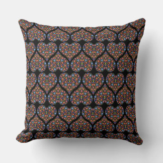 Folk Art Style Floral Hearts on Black Pillow