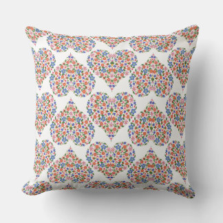 Folk Art Style Floral Hearts on White Throw Pillow