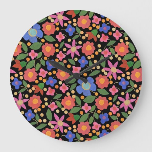 Folk Art Style Floral on Black Acrylic Wall Clock