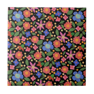 Folk Art Style Floral on Black Ceramic Tile
