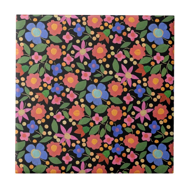 Folk Art Style Floral on Black Ceramic Tile (Front)
