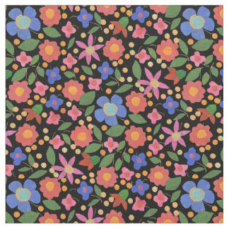 Folk Art Style Floral on Black Custom Fabric