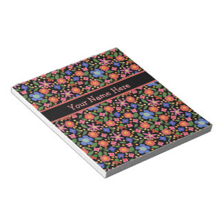 Folk Art Style Floral on Black Notepad or Jotter