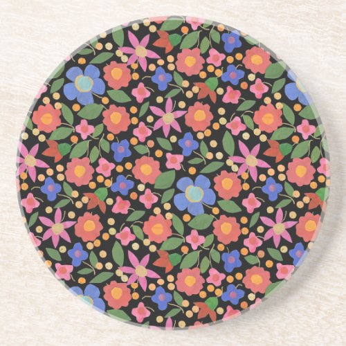 Folk Art Style Floral on Black Sandstone Coaster