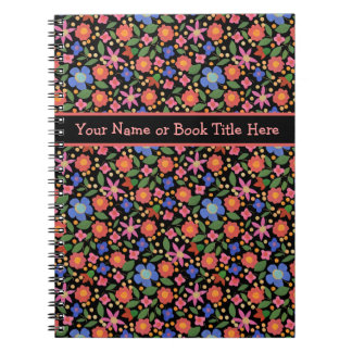Folk Art Style Floral on Black Spiral Notebook