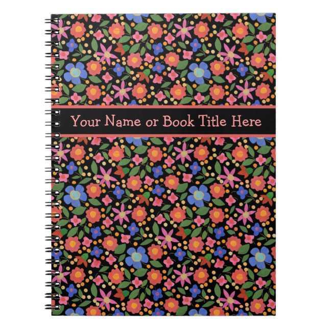 Folk Art Style Floral on Black Spiral Notebook (Front)