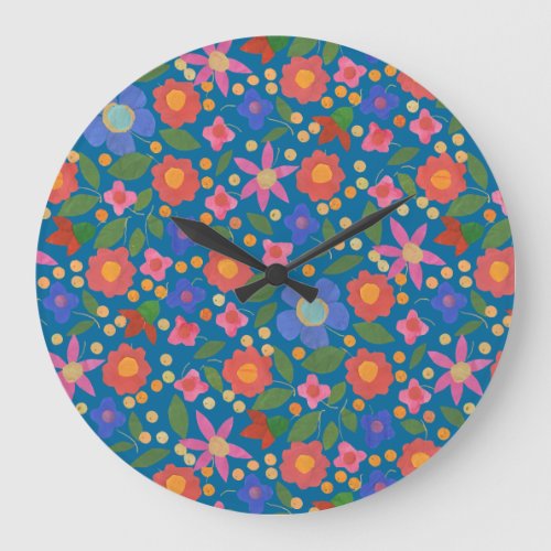 Folk Art Style Floral on Blue Acrylic Wall Clock