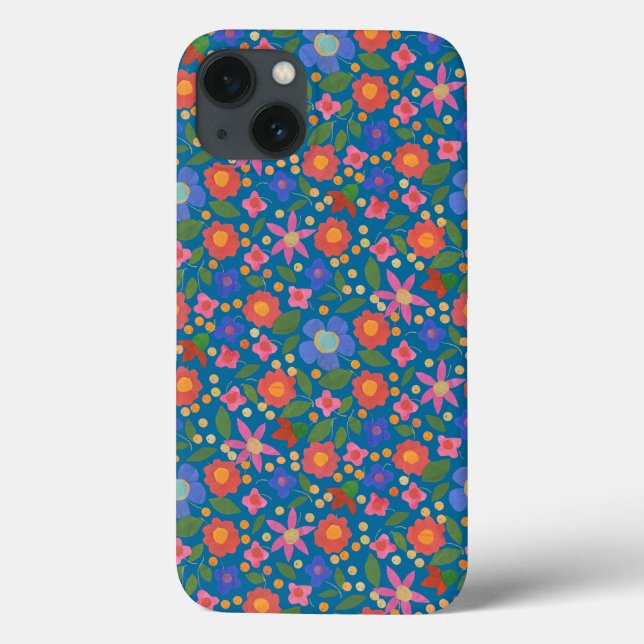 Folk Art Style Floral on blue iPad Mini Case (Back)