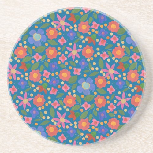 Folk Art Style Floral on Blue Sandstone Coaster