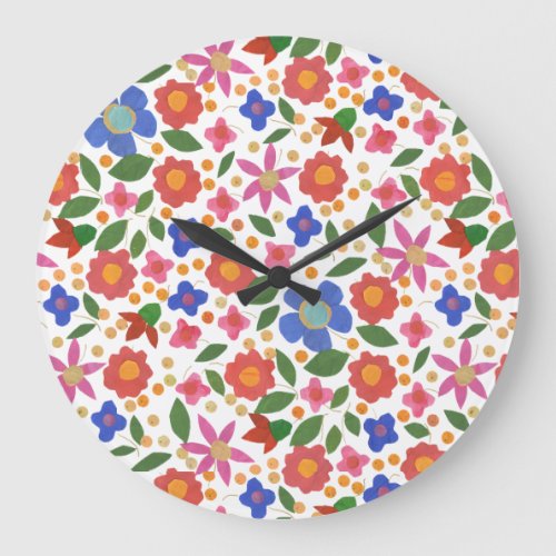 Folk Art Style Floral on White Acrylic Wall Clock