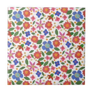 Folk Art Style Floral on White Ceramic Tile