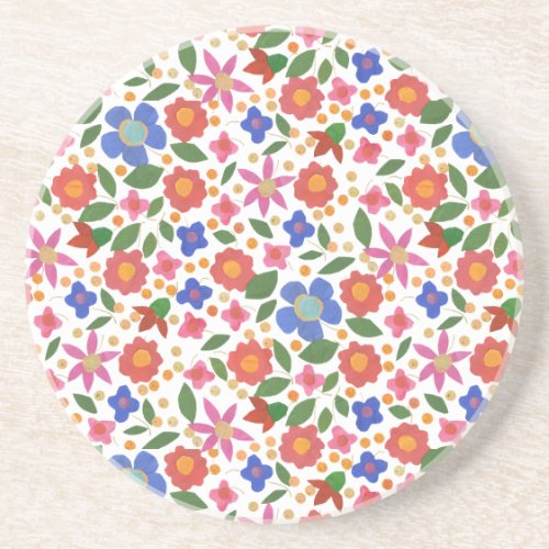 Folk Art Style Floral on White Sandstone Coaster