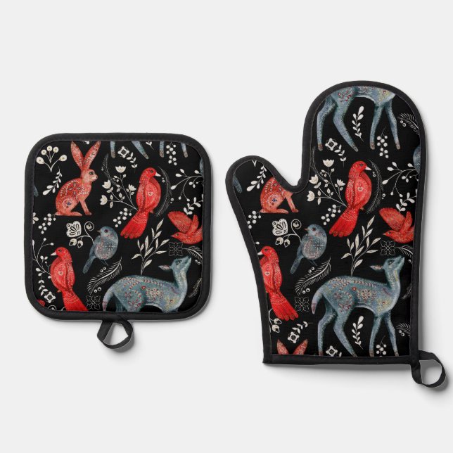 Folk-art style floral  pattern designs oven mitt & pot holder set (Front)
