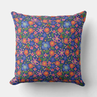 Folk Art Style Floral Pattern on Royal Blue Throw Pillow
