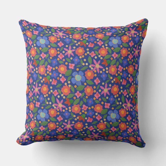 Folk Art Style Floral Pattern on Royal Blue Throw Pillow (Front)