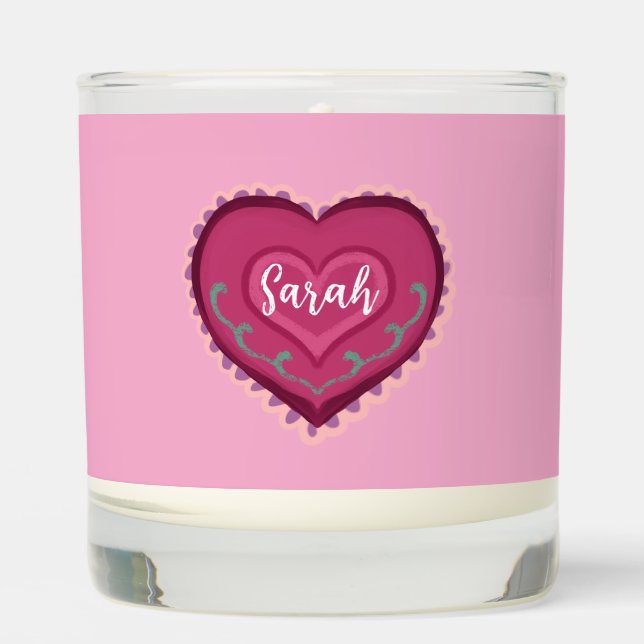 Folk Art style pink heart decorated Ornament Scented Candle (Front)