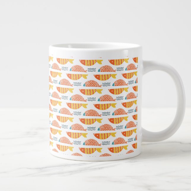 Folk Art Swimming Fish Pattern Giant Coffee Mug (Right)