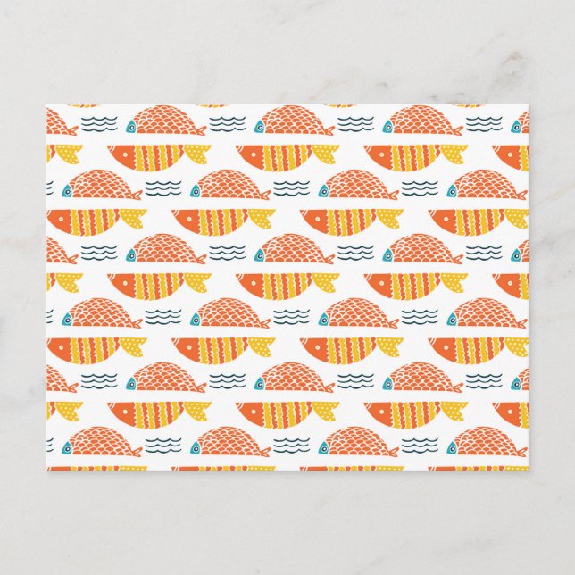 Folk Art Swimming Fish Pattern Holiday Postcard (Front)