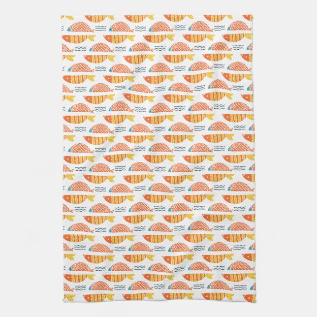 Folk Art Swimming Fish Pattern Kitchen Towel (Vertical)