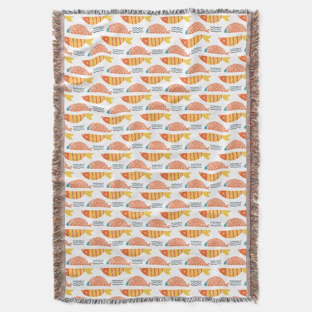 Folk Art Swimming Fish Pattern Throw Blanket (Front Vertical)
