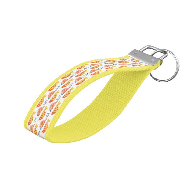 Folk Art Swimming Fish Pattern Wrist Keychain (Angled Up)