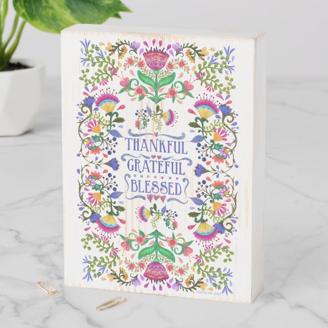 Folk Art | Thankful, Grateful, Blessed | Quotation Wooden Box Sign (In Situ Vertical)