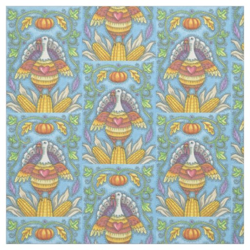 FOLK ART THANKSGIVING BIRD, TURKEY FABRIC Repeat