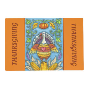 FOLK ART THANKSGIVING TURKEY, COLORFUL HOLIDAY PLACEMAT