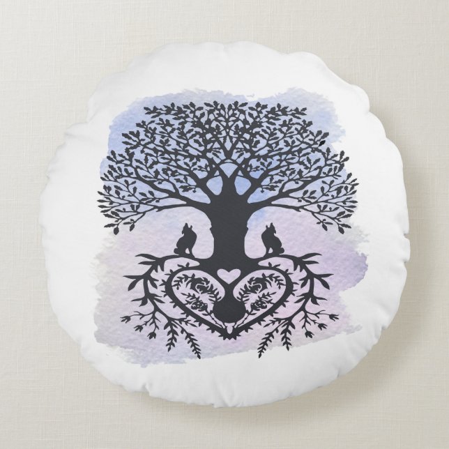 Folk Art Tree of Life Round Pillow (Front)