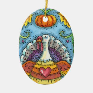 FOLK ART TURKEY, COLORS OF THANKSGIVING SEASONAL CERAMIC ORNAMENT