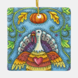 FOLK ART TURKEY, COLORS OF THANKSGIVING SEASONAL CERAMIC ORNAMENT
