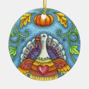 FOLK ART TURKEY, COLORS OF THANKSGIVING SEASONAL CERAMIC ORNAMENT