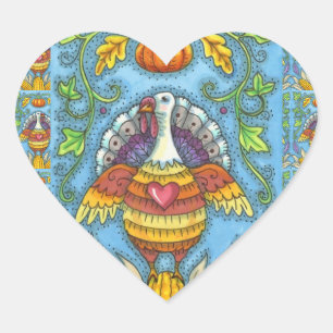 FOLK ART TURKEY, COLORS OF THANKSGIVING SEASONAL HEART STICKER