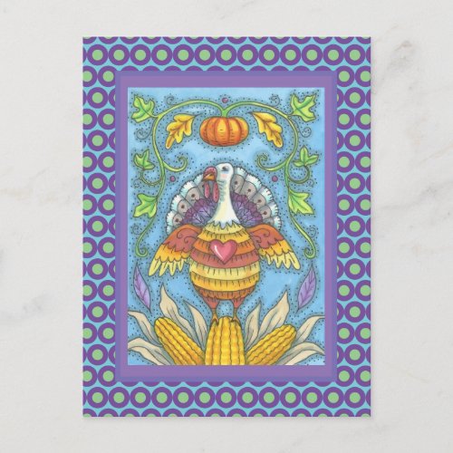 FOLK ART TURKEY COLORS OF THANKSGIVING SEASONAL POSTCARD